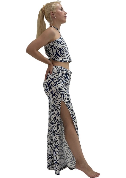 Kadınlar Için Mavi Beyaz Zebra Desenli Yırtmaçlı Pantolon - Crop Takım fiyatları