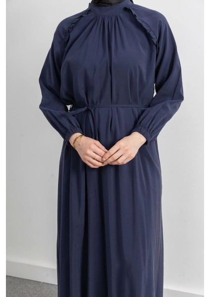 Reglan Kol Fırfır Detaylı Elbise - Lacivert