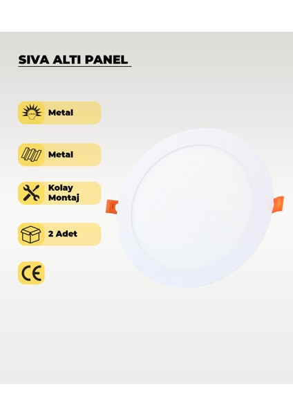 15W Sıva Altı Yuvarlak Slim LED Panel Beyaz Işık 2 Adet