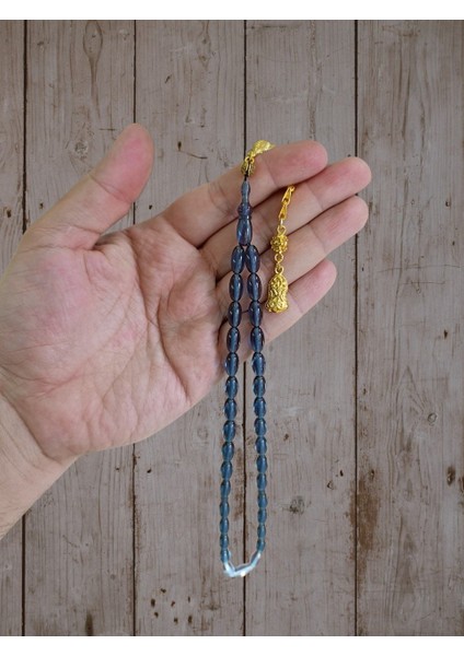 ATEŞ KEHRİBAR TESBİH MAVİ RENK BEYZİ KESİM HEDİYE T-835