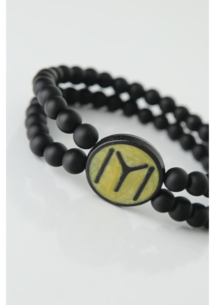 Sarı Renkli Metal Üzerine Siyah Kayı Boyu Figürlü Siyah Renk Çift Sıra Doğal Taş Erkek Bileklik fiyatları