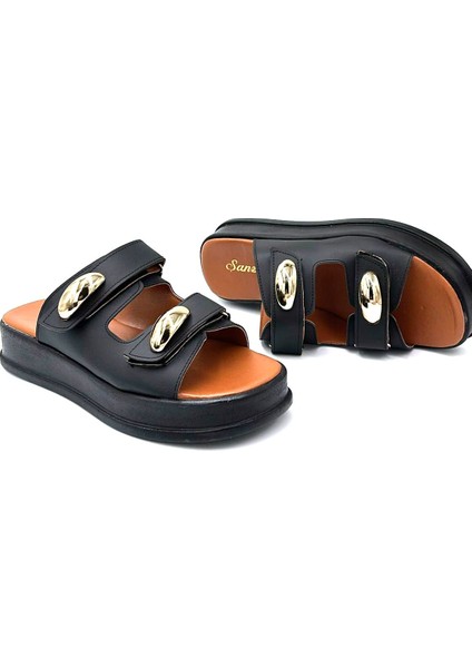 (Şanzelize) Çift Cırtlı Günlük Kadın Terlik Siyah