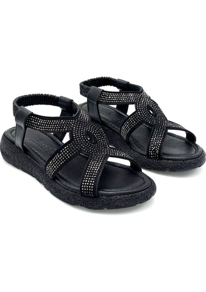 Mavi Poli Hafif Taban Damla Taş Detaylı Kadın Sandalet Siyah