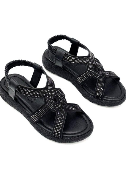 Mavi Poli Hafif Taban Damla Taş Detaylı Kadın Sandalet Siyah modelleri