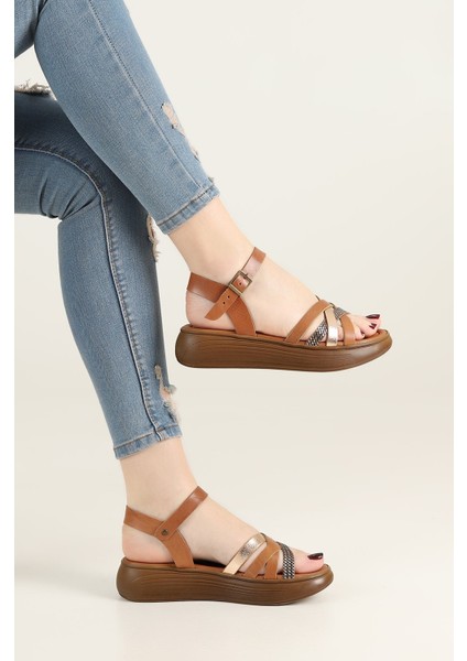 (Kırcalı) Poli Hafif Taban Deri Tokalı Kadın Sandalet Taba indirimleri