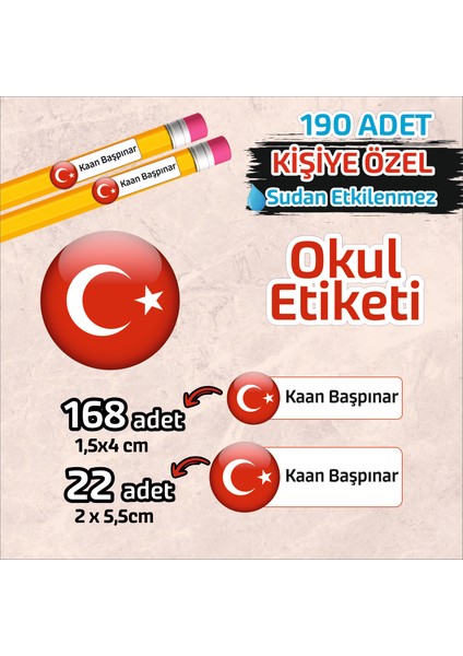 Okul Etiketi Isme Özel Kalem Defter Etiketi Türk Bayrağı Temalı 190 Adet