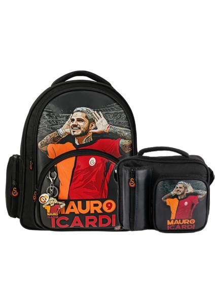 3 Bölmeli Mauro Icardi Suni Deri Okul Çantası + Beslenme Çantası