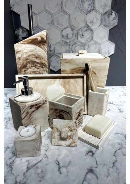11 Parça Mermer Desenli Beton Banyo Seti Katı Sıvı Sabunluk Mumluk Pamukluk Çöp Kovası Tepsi