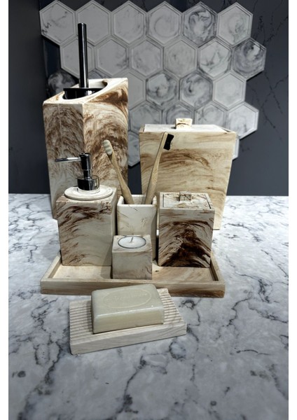 11 Parça Mermer Desenli Beton Banyo Seti Katı Sıvı Sabunluk Mumluk Pamukluk Çöp Kovası Tepsi modelleri
