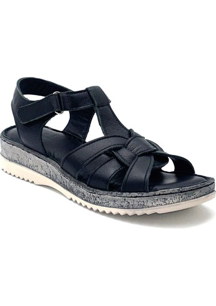 (Ces) Hakiki Deri Poli Hafif Taban Comfort Kadın Sandalet Siyah