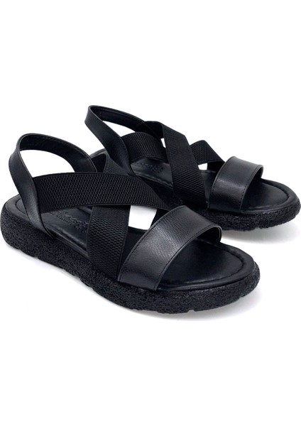 (Mavi) Çapraz Lastik Detalı Hafif Taban Rahat Kadın Sandalet Siyah