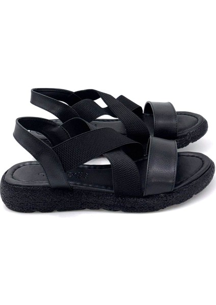 (Mavi) Çapraz Lastik Detalı Hafif Taban Rahat Kadın Sandalet Siyah modelleri