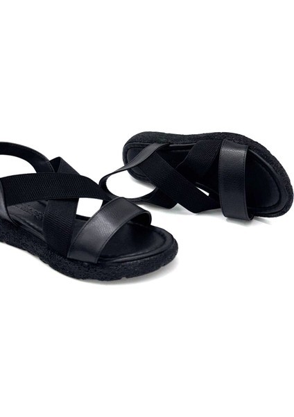 (Mavi) Çapraz Lastik Detalı Hafif Taban Rahat Kadın Sandalet Siyah fırsatları