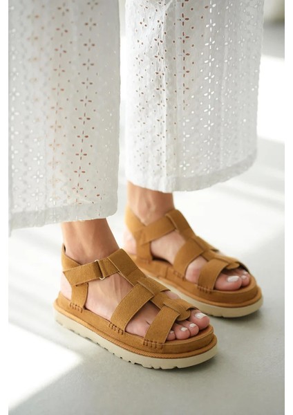 Eva Hafif Taban Rahat Cırtlı Kadın Sandalet Taba modelleri