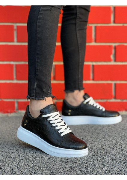 J047 Bağcıklı Ortopedik Taban Timsah Desenli Günlük Erkek Spor Sneaker Ayakkabı Bt Siyah