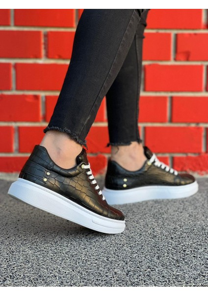J047 Bağcıklı Ortopedik Taban Timsah Desenli Günlük Erkek Spor Sneaker Ayakkabı Bt Siyah fiyatları