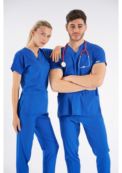 Saks Mavisi Dr. Greys Modeli Likralı Hemşire Forması Yarasa Kol Doktor Scrubs Hastane Takımı