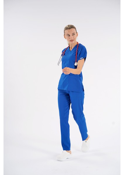 Saks Mavisi Dr. Greys Modeli Likralı Hemşire Forması Yarasa Kol Doktor Scrubs Hastane Takımı