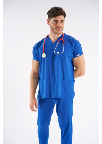 Saks Mavisi Dr. Greys Modeli Likralı Hemşire Forması Yarasa Kol Doktor Scrubs Hastane Takımı