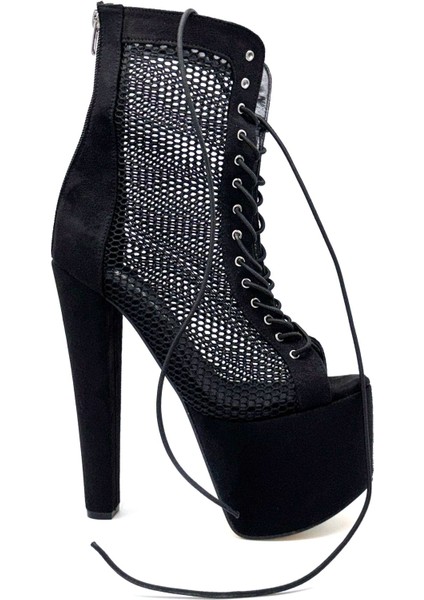 Yüksek Topuklu (18 Cm) Platform (7 Cm) Tül Önden Bağcıklı Kadın Ayakkabı Siyah