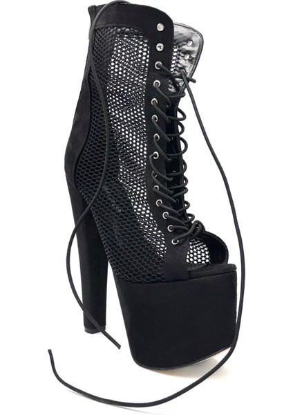 Yüksek Topuklu (18 Cm) Platform (7 Cm) Tül Önden Bağcıklı Kadın Ayakkabı Siyah modelleri
