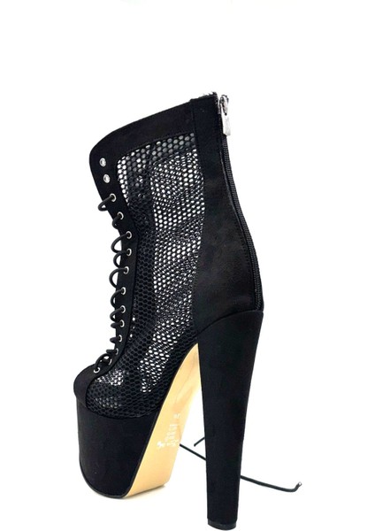 Yüksek Topuklu (18 Cm) Platform (7 Cm) Tül Önden Bağcıklı Kadın Ayakkabı Siyah fırsatları