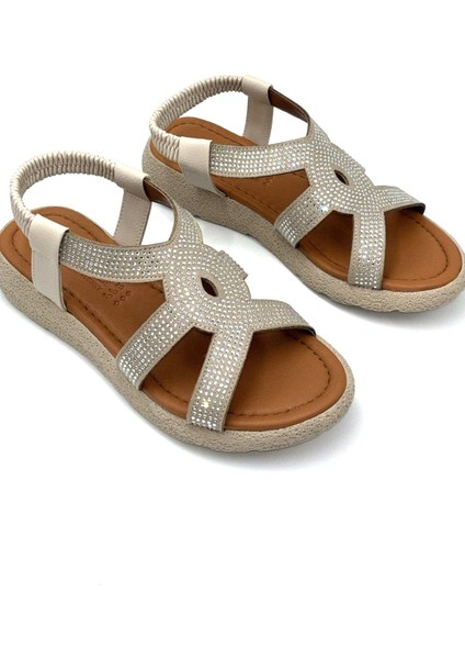 Mavi Poli Hafif Taban Damla Taş Detaylı Kadın Sandalet Bej modelleri