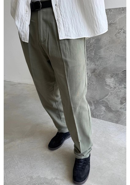 Haki Ham Keten Baggy Pantolon modelleri