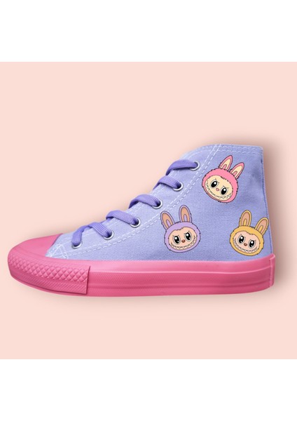 Mor Pembe Taban Lololi Kafalar Baskılı Bağcıklı Çocuk Spor Ayakkabı Sneaker