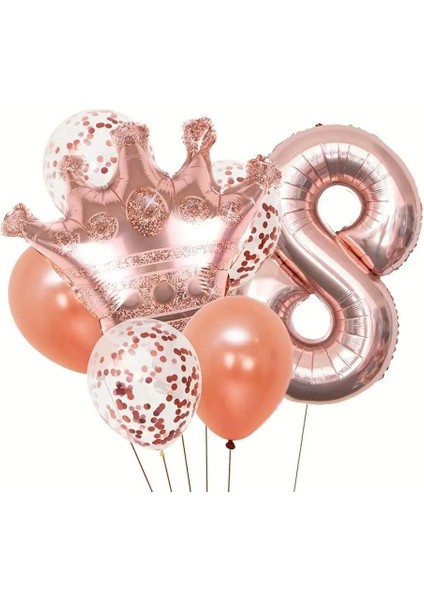 Rose Gold Taçlı 8 Rakam Balon Set