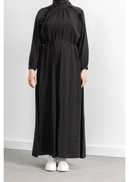 Reglan Kol Fırfır Detaylı Elbise - Siyah