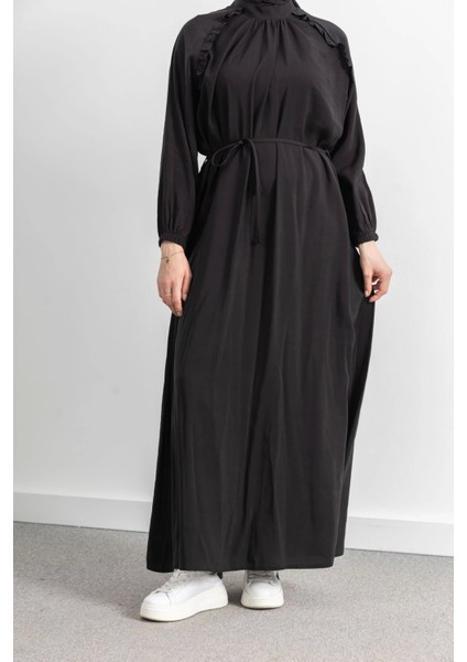 Reglan Kol Fırfır Detaylı Elbise - Siyah fiyatları