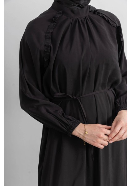 Reglan Kol Fırfır Detaylı Elbise - Siyah indirimleri