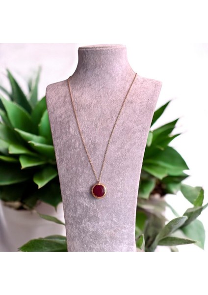 Bordo Kristal Taşlı Uzun Trend Kolye