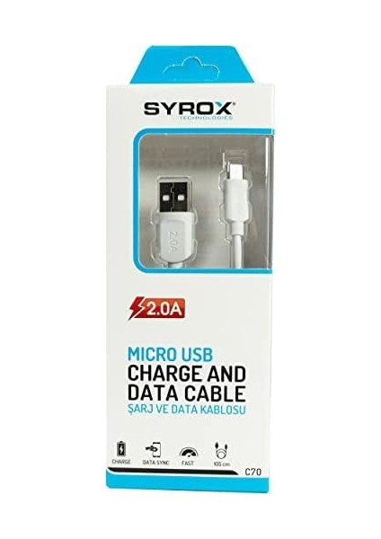 C70 2.0 Mah S6/s7 1.2 mt Mikro Kablo, Beyaz modelleri