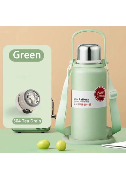 2000ML Termal Su Şişesi Saman Paslanmaz Çelik Termos Şişesi ile Büyük Kapasite Soğuk ve Sıcak Su Şişesi Spor Termos Kupası Kapasite: 1580ML/RENK: Yeşil (Yurt Dışından)