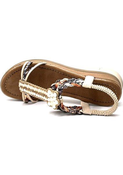 Boncuk Detaylı Lastikli Dolgu Taban Kadın Sandalet Bej indirimleri