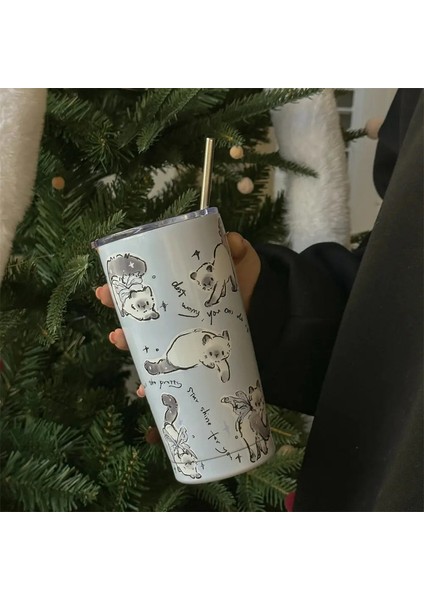 Kahve Çay Bira Suyu Için Sevimli Kore Termos Kupası Tumbler 550ML Kawaii Samansız Çelik Saman Termal Kupa Su Şişesi Hediye Kapaklığı: 550ML/RENK: Bej B (Yurt Dışından)