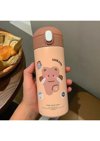 380ML Paslanmaz Çelik Termos Vakum Şişesi Sevimli Karikatür Termal Su Şişesi Kızlar Için Yalıtımlı Saman Kurı Tumbler Içki Içeri Kapasitesi: 380ML/RENK: Kahverengi (Yurt Dışından)