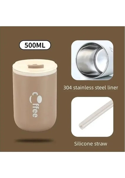 Kapak ve Saman Seyahat Kahve Kupası 500ML Paslanmaz Çelik Yalıtımlı Yalıtımlı Tumbler Çift Duvarlı Kahve Dakları Buzlu Içki Için: 500ML/RENK: Siyah (Yurt Dışından)