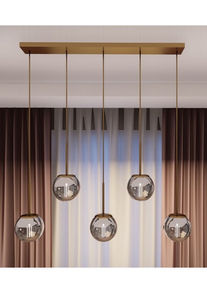 Dora Eskitme Metal Gövdeli 5'li Füme Cam Avize - Modern Sıralı Sarkıt, E27 Uyumlu, Şık Tasarım