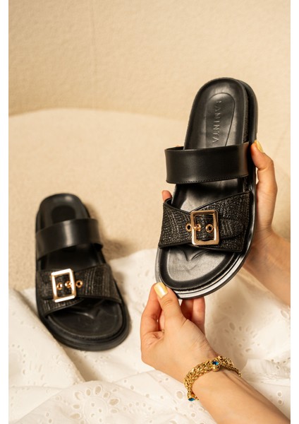 Yudi Kadın Hasır Toka Detaylı Kalın Taban Terlik