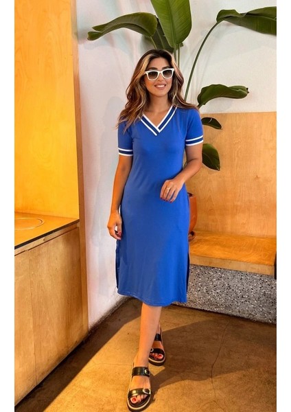Kadın Kısa Kollu V Yaka ve Yaka Ribana Detay Midiboy Viskon Elbise modelleri