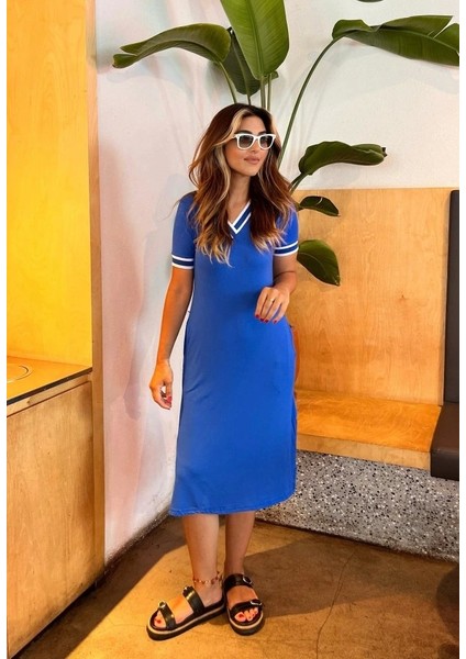 Kadın Kısa Kollu V Yaka ve Yaka Ribana Detay Midiboy Viskon Elbise fırsatları