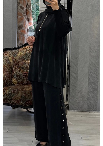 Yanları Düğmeli Bol Paça Cupro Pantolon Siyah T25Y-7008