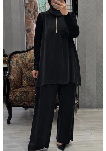 Yanları Düğmeli Bol Paça Cupro Pantolon Siyah T25Y-7008 fiyatları