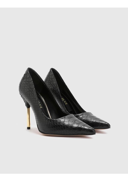 Lotti Hakiki Yılan Deri Kadın Siyah Topuklu Ayakkabı