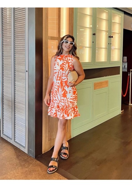 Kadın Sıfır Kollu Bisiklet Yakalı Fırfırlı Desenli Sofya Elbise fiyatları