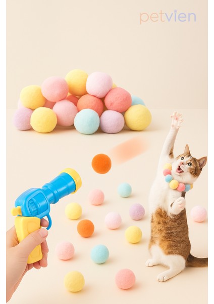 Peluş Oyuncak Top Atıcı Eğlenceli Kedi Oyun Seti - Top Fırlatan Kedi Oyuncağı - Çok Renkli Kedi Topu - Kedi Oyuncağı
