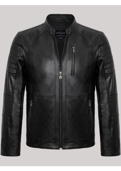 Hakiki Deri Siyah Üç Cepli Omuz Işlemeli Erkek Deri Ceket